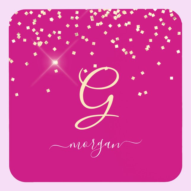 Gold Glitter & Monogram White Script Name, Fuchsia Coaster (Creator Uploaded)