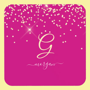 Gold Glitter & Monogram White Script Name, Fuchsia Coaster