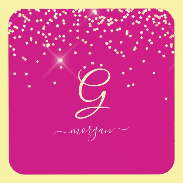 Gold Glitter & Monogram White Script Name, Fuchsia Coaster (Creator Uploaded)