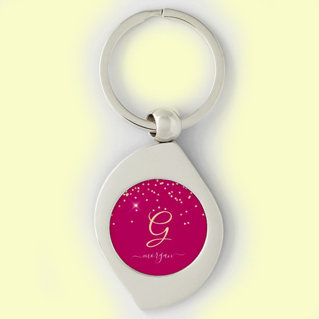 Gold Glitter & Monogram White Script Name, Fuchsia Keychain (Creator Uploaded)