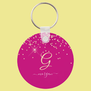 Gold Glitter & Monogram White Script Name, Fuchsia Keychain
