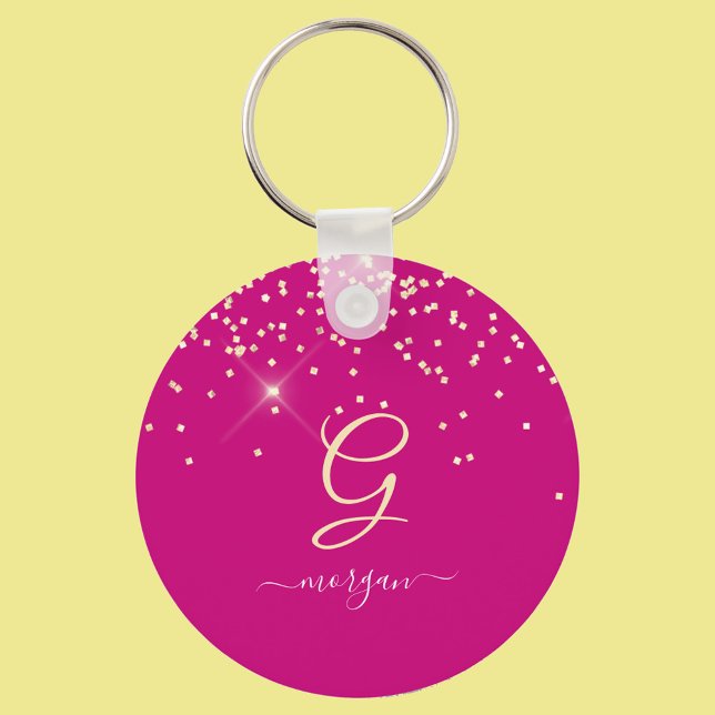 Gold Glitter & Monogram White Script Name, Fuchsia Keychain (Creator Uploaded)