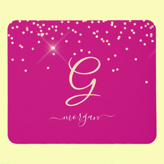 Gold Glitter & Monogram White Script Name, Fuchsia Mouse Pad (Creator Uploaded)