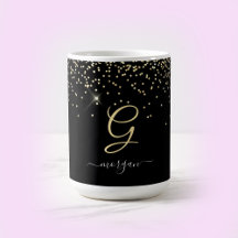 Gold Glitter & Monogram White Script Name on Black