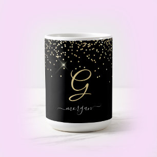 Gold Glitter & Monogram White Script Name on Black Coffee Mug