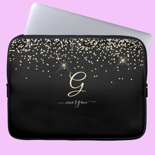 Gold Glitter & Monogram White Script Name on Black Laptop Sleeve (Creator Uploaded)