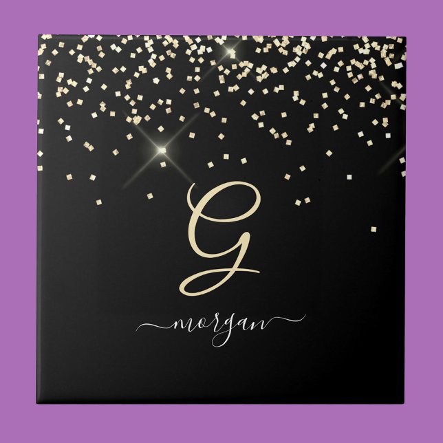 Gold Glitter & Monogram White Script Name on Black Tile (Creator Uploaded)