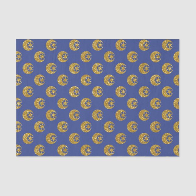 Gold Glitter Moon and Stars on Blue Tissue Paper (Front)