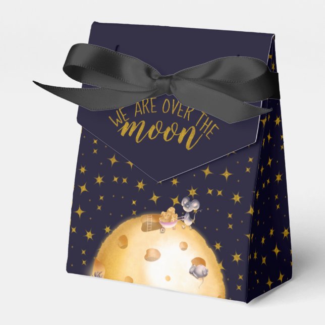 Gold glitter, moon made of cheese, baby shower favor box (Front Side)