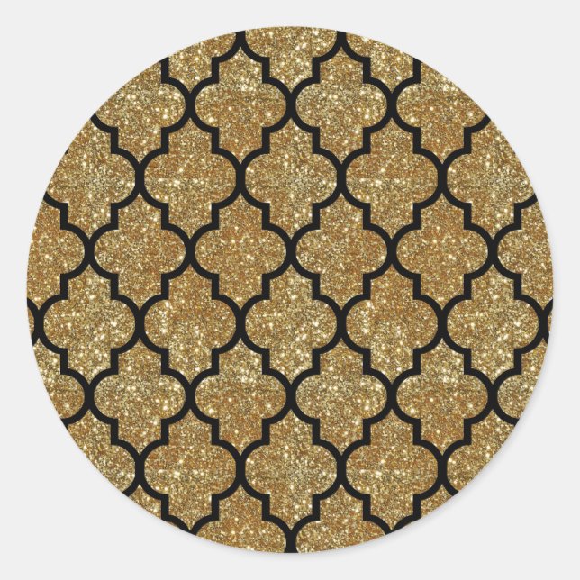 Gold Glitter Moroccan Quatrefoil Pattern Classic Round Sticker (Front)