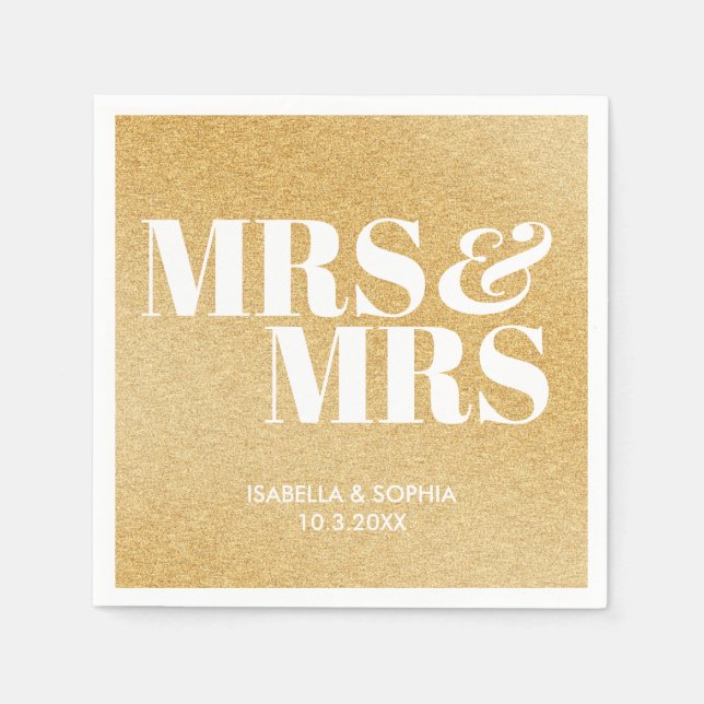 Gold Glitter Mrs & Mrs Bride Personalized Wedding Napkin (Front)