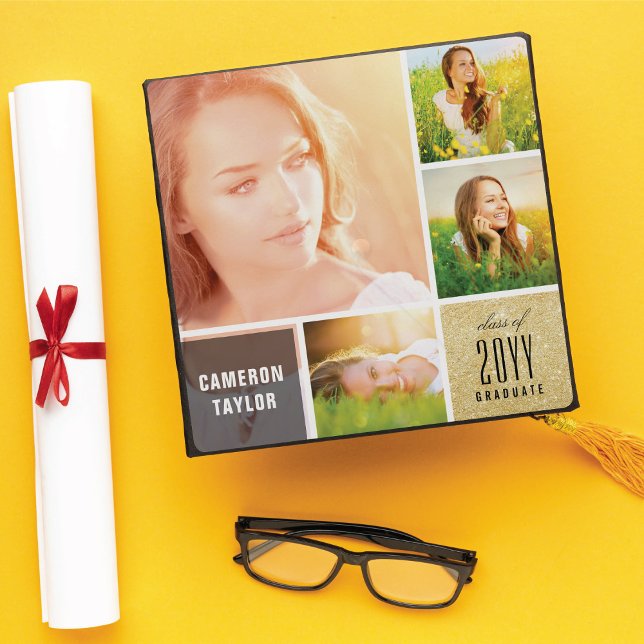 Gold Glitter Multi Square Blocks Stylish 4 Photo Graduation Cap Topper (Gold Glitter Multi Square Blocks Stylish 4 Photo Graduation Cap Topper @ zazzle.com/color_therapy)