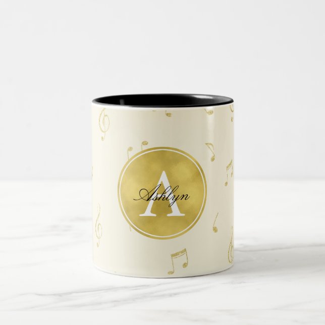 Gold Glitter Music Notes Abstract Monogram Two-Tone Coffee Mug (Center)