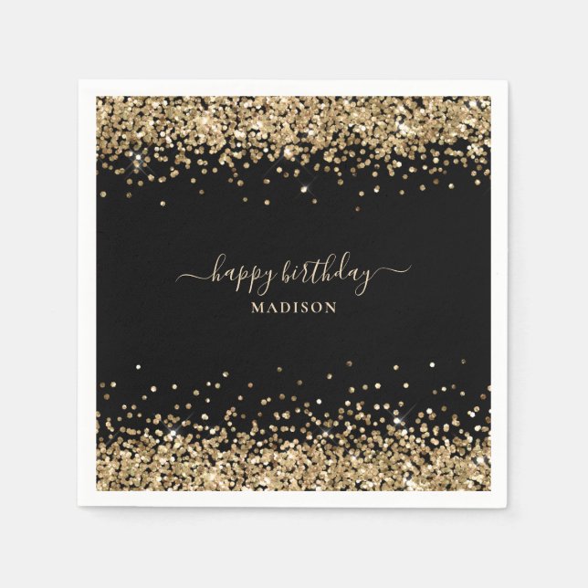 Gold Glitter Name Black Happy Birthday Napkin (Front)