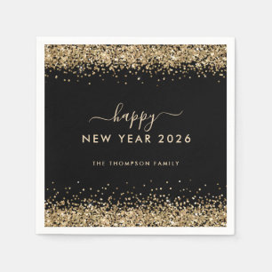 Gold Glitter Name Black Happy New Year 2025 Napkin