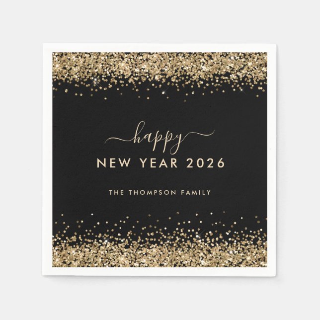 Gold Glitter Name Black Happy New Year 2026 Napkin (Front)