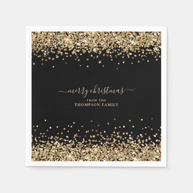 Gold Glitter Name Black Merry Christmas  Napkin (Front)