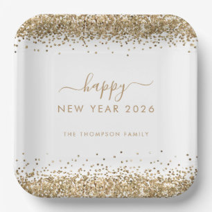 Gold Glitter Name Happy New Year 2025 White Paper Plate