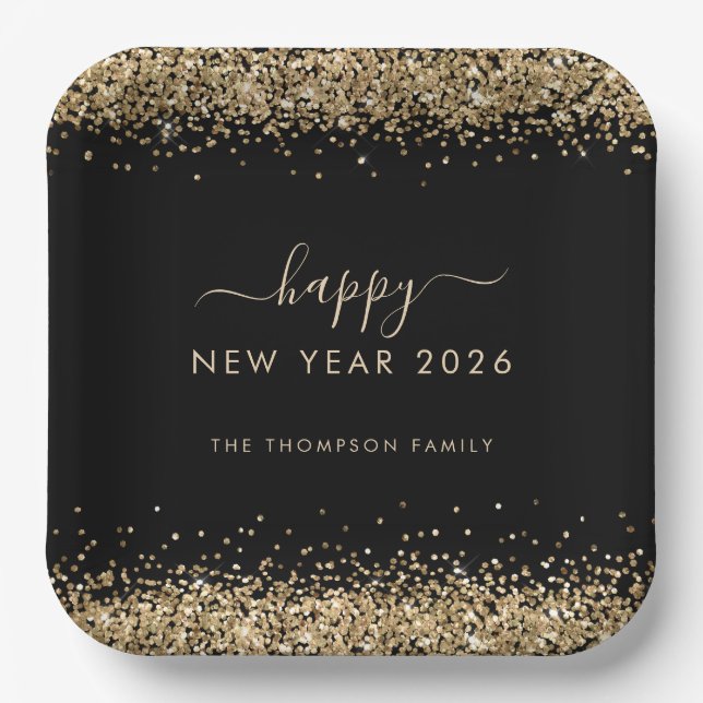 Gold Glitter Name Happy New Year 2026 Black Paper Plate (Front)
