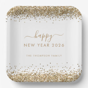 Gold Glitter Name Happy New Year 2026 White Paper Plate
