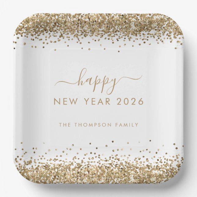 Gold Glitter Name Happy New Year 2026 White Paper Plate (Front)