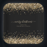 Gold Glitter Name Merry Christmas Black Paper Plate<br><div class="desc">Gold Glitter Name Merry Christmas Black. A touch of sparkle for your festive table in classic gold and black, with a border of faux glitter at the top and bottom, and Merry Christmas is in an elegant handwritten style script. Easily personalise with your name and return address. You can also...</div>