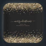 Gold Glitter Name Merry Christmas Black Paper Plate<br><div class="desc">Gold Glitter Name Merry Christmas Black. A touch of sparkle for your festive table in classic gold and black, with a border of faux glitter at the top and bottom, and Merry Christmas is in an elegant handwritten style script. Easily personalise with your name and return address. You can also...</div>