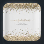 Gold Glitter Name Merry Christmas White  Paper Plate<br><div class="desc">Gold Glitter Name Merry Christmas White. A touch of sparkle for your festive table, with a border of faux glitter at the top and bottom, and Merry Christmas is in an elegant handwritten style script. Easily personalise with your name and return address. You can also change the text and background...</div>