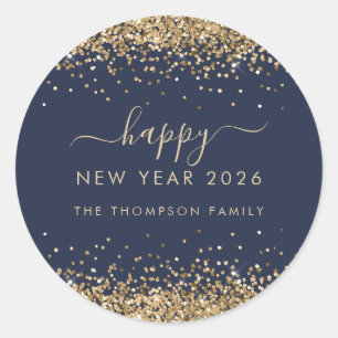 Gold Glitter Name Navy Blue Happy New Year 2026 Classic Round Sticker