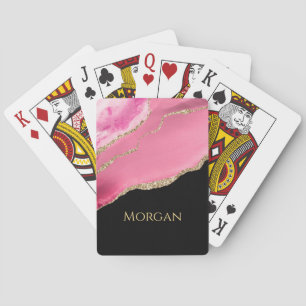 Gold Glitter & Name, Pink Agate on Black Playing Cards