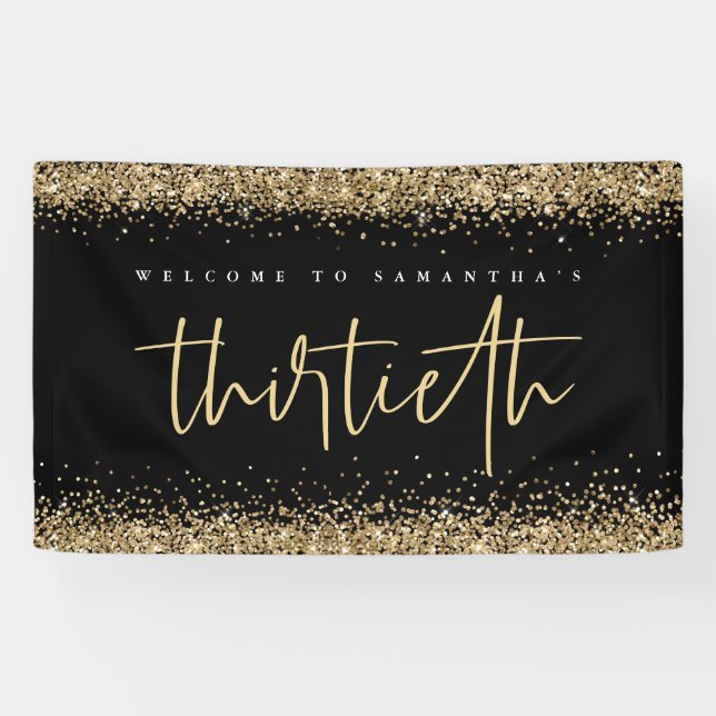 Gold Glitter Name Welcome Thirtieth Party Black Banner (Horizontal)