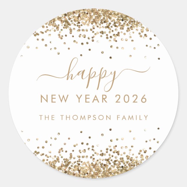Gold Glitter Name White Happy New Year 2026 Classic Round Sticker (Front)