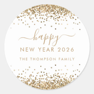 Gold Glitter Name White Happy New Year 2026 Classic Round Sticker