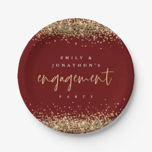 Gold Glitter Names Burgundy Engagement Party Paper Plate