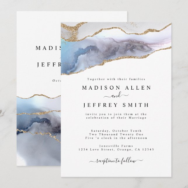 Gold Glitter & Navy Agate Stone Wedding Invitation (Front/Back)