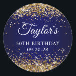 Gold Glitter Navy Blue 50th Birthday Classic Round Sticker<br><div class="desc">Create your own 50th birthday party favour stickers.
Girly faux sparkly golden glitter over a dark navy blue gradient background.
Customize the font styles to create your own favour sticker design for her special celebration.
A classic elegant calligraphy paired with an all caps serif font.</div>