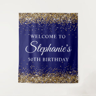 Gold Glitter Navy Blue 50Th Birthday Party Welcome Tapestry