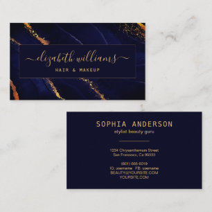 Gold Glitter Navy Blue Agate & Signature Script Business Card