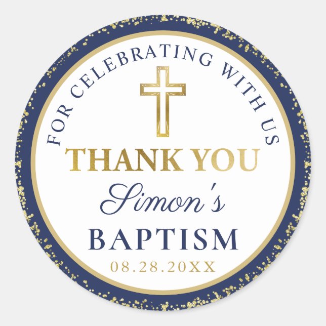Gold Glitter Navy Blue Baptism Thank You Classic R Classic Round Sticker (Front)