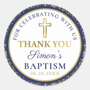 Gold Glitter Navy Blue Baptism Thank You Classic R Round Sticker