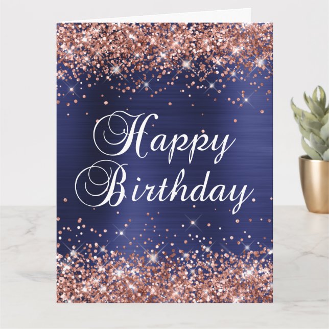 Gold Glitter Navy Blue Big Happy Birthday Card (Small Plant)