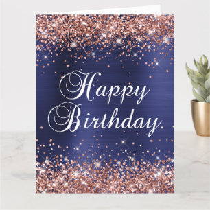 Gold Glitter Navy Blue Big Happy Birthday Card