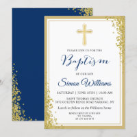 Gold Glitter Navy Blue Boy Baptism Invitation