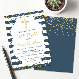 Gold Glitter Navy Blue Boy Baptism Invitation