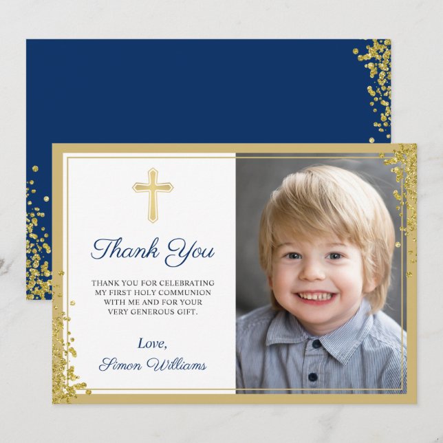 Gold Glitter Navy Blue Communion Thank you Card (Front/Back)