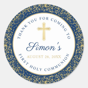 Gold Glitter Navy Blue First Holy Communion Classic Round Sticker