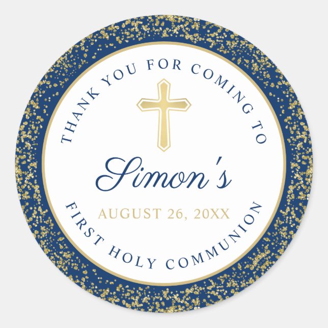 Gold Glitter Navy Blue First Holy Communion Classic Round Sticker (Front)