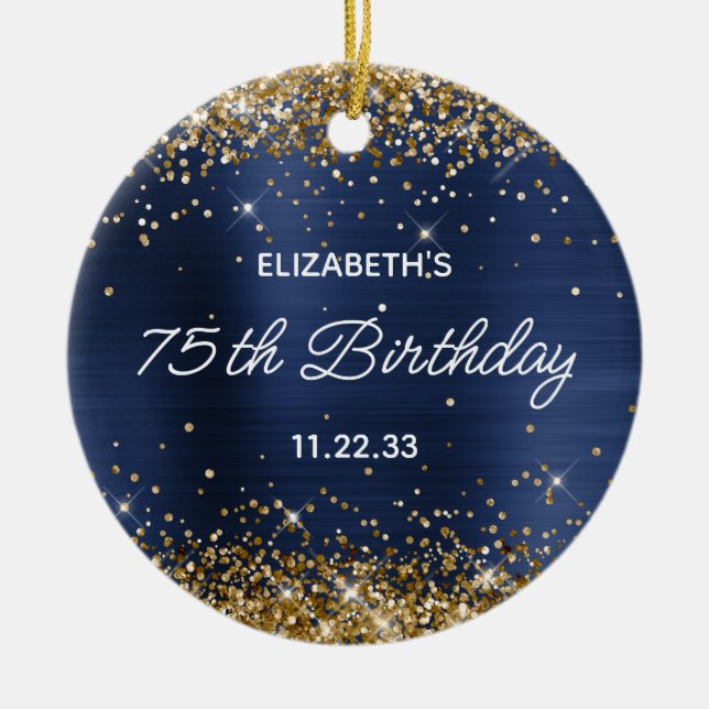 Gold Glitter Navy Blue Foil 75th Birthday Photo Ceramic Ornament (Front)