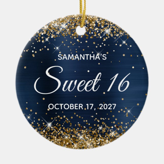 Gold Glitter Navy Blue Foil Sweet 16 Birthday Ceramic Ornament (Front)