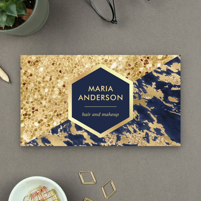 Gold Glitter Navy Blue Marble Makeup Artist Business Card (Creator Uploaded)